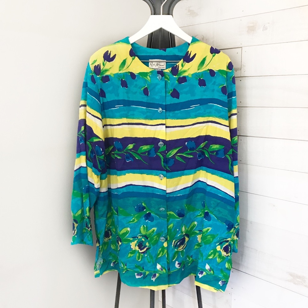 Vintage Ruth Norman New York Floral Print Button Down Blouse Women's Size 1X